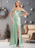 Adrienne A-line Cowl Cold Shoulder Floor-Length Stretch Satin Bridesmaid Dress With Bow Ruffle STIP0025807