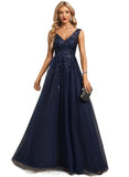 Thalia A-line V-Neck Floor-Length Lace Tulle Evening Dress With Sequins STIP0020910