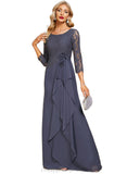 Kennedy A-line Scoop Floor-Length Chiffon Lace Evening Dress With Flower Cascading Ruffles STIP0020988