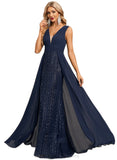 Violet Trumpet/Mermaid V-Neck Floor-Length Chiffon Lace Sequin Evening Dress With Pleated STIP0020783