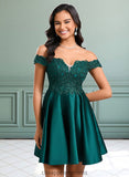 Seraphina A-line Off the Shoulder Short Lace Satin Homecoming Dress With Rhinestone STIP0025718