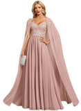 Hazel A-line V-Neck Floor-Length Chiffon Lace Evening Dress STIP0020976