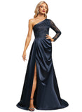 Eleanor Trumpet/Mermaid One Shoulder Sweep Train Lace Satin Evening Dress With Pleated STIP0020914