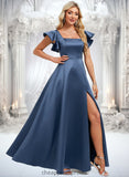 Kayla A-line Square Floor-Length Satin Bridesmaid Dress With Ruffle STIP0025774