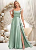 Lilly A-line Square Floor-Length Stretch Satin Bridesmaid Dress With Bow STIP0025788