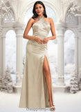 Paula A-line Halter Floor-Length Stretch Satin Bridesmaid Dress STIP0025761