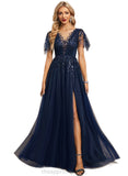 Rosalind A-line Scoop Illusion Floor-Length Lace Tulle Evening Dress With Sequins STIP0020926