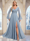 Diya A-line V-Neck Floor-Length Chiffon Bridesmaid Dress STIP0025798