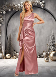 Shyann A-line One Shoulder Floor-Length Stretch Satin Bridesmaid Dress With Ruffle STIP0025768