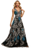 Jacqueline A-line V-Neck Floor-Length Lace Evening Dress STIP0020823