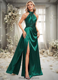 Winnie A-line Halter Floor-Length Stretch Satin Bridesmaid Dress With Ruffle STIP0025817