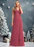 Lilia A-line V-Neck Floor-Length Chiffon Bridesmaid Dress STIP0025753