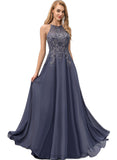 Kennedy A-line Scoop Floor-Length Chiffon Lace Evening Dress With Sequins STIP0020895