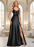 Jamiya A-line V-Neck Floor-Length Stretch Satin Prom Dresses With Bow STIP0025882