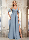 Sanaa A-line Cold Shoulder Floor-Length Chiffon Bridesmaid Dress With Ruffle STIP0025797