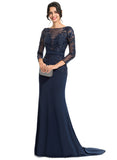 Hailey Trumpet/Mermaid Boat Neck Illusion Sweep Train Lace Jersey Evening Dress With Sequins STIP0020925