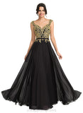 Shiloh A-line V-Neck Floor-Length Chiffon Lace Evening Dress STIP0020959