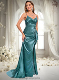 Mya Trumpet/Mermaid V-Neck Sweep Train Stretch Satin Prom Dresses STIP0025855