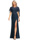 Jaylin Sheath/Column Scoop Illusion Floor-Length Chiffon Lace Evening Dress With Pleated Sequins STIP0020975