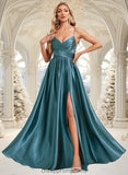 Lena A-line V-Neck Floor-Length Stretch Satin Bridesmaid Dress STIP0025786