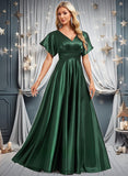 Asia A-line V-Neck Floor-Length Stretch Satin Bridesmaid Dress STIP0025782