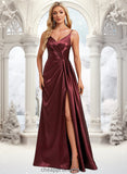 Ann A-line V-Neck Floor-Length Stretch Satin Bridesmaid Dress With Ruffle STIP0025785