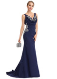 Kendra Trumpet/Mermaid V-Neck Sweep Train Stretch Crepe Evening Dress With Pleated Appliques Lace STIP0020936