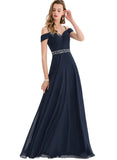 Mareli A-line Cold Shoulder V-Neck Floor-Length Chiffon Evening Dress With Beading Pleated Sequins STIP0020963