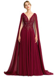 Aryanna A-line V-Neck Sweep Train Chiffon Lace Evening Dress With Sequins STIP0020803