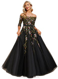 Phoebe Ball-Gown/Princess Off the Shoulder Floor-Length Lace Tulle Evening Dress With Beading STIP0020866