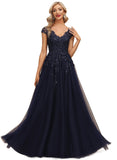 Estrella A-line V-Neck Floor-Length Lace Tulle Evening Dress With Sequins STIP0020861