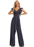 Jaycee Jumpsuit/Pantsuit V-Neck Floor-Length Chiffon Evening Dress With Bow Pleated STIP0020826