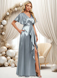 Kiera A-line V-Neck Floor-Length Stretch Satin Bridesmaid Dress With Ruffle STIP0025767