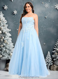 Jaiden Ball-Gown/Princess Straight Sweep Train Tulle Prom Dresses With Sequins Appliques Lace STIP0025864