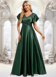 Addison A-line V-Neck Floor-Length Stretch Satin Bridesmaid Dress With Ruffle STIP0025773