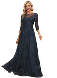 Leah A-line Scoop Illusion Floor-Length Lace Tulle Evening Dress With Sequins STIP0020983