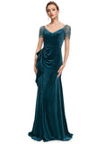 Harper Sheath/Column V-Neck Sweep Train Velvet Evening Dress With Beading Cascading Ruffles STIP0020875