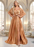 Mackenzie A-line V-Neck Floor-Length Stretch Satin Bridesmaid Dress STIP0025793