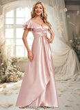 Jaden A-line V-Neck Floor-Length Stretch Satin Bridesmaid Dress With Ruffle STIP0025787