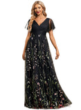 Jayden A-line V-Neck Floor-Length Lace Tulle Evening Dress With Pleated STIP0020797