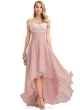 Deja A-line Off the Shoulder Asymmetrical Chiffon Lace Evening Dress With Pleated STIP0020873