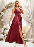 Ginny A-line V-Neck Floor-Length Satin Bridesmaid Dress STIP0025775