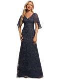 Sloane Sheath/Column V-Neck Sweep Train Chiffon Lace Evening Dress With Cascading Ruffles STIP0020993