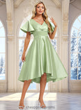 Molly A-line V-Neck Asymmetrical Satin Bridesmaid Dress With Ruffle STIP0025776