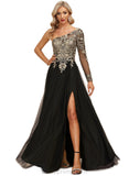 Peyton A-line One Shoulder Floor-Length Lace Tulle Evening Dress With Sequins STIP0020839