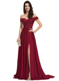 Bella A-line Off the Shoulder Sweep Train Chiffon Lace Evening Dress With Sequins STIP0020830