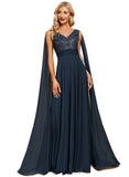 Kristina A-line V-Neck Floor-Length Chiffon Lace Evening Dress With Sequins STIP0020990