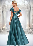 Roselyn A-line V-Neck Floor-Length Stretch Satin Bridesmaid Dress With Ruffle STIP0025780