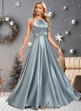 Anne A-line Halter Floor-Length Stretch Satin Bridesmaid Dress STIP0025783