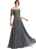 Makaila A-line Off the Shoulder Floor-Length Chiffon Lace Evening Dress With Rhinestone STIP0020908